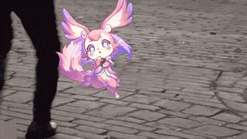 a person walking past a cartoon character with wings