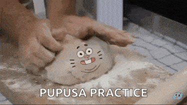 a person is kneading dough with a cartoon face on it and the words pupusa practice written below it .