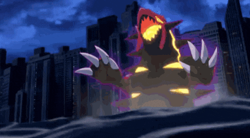 a monster with sharp claws is standing in front of a city