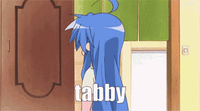 a cartoon girl with blue hair is standing in front of a door and the word tabby is on the bottom