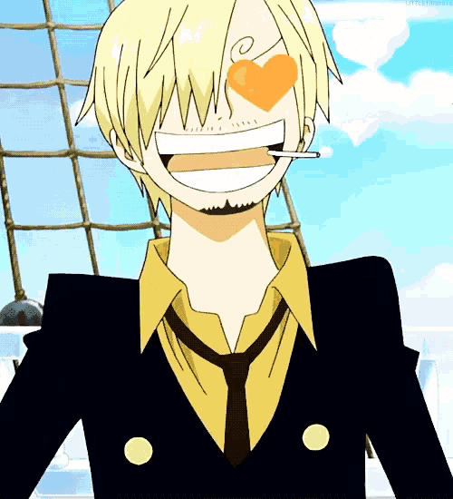 a man with a heart shaped eye is smiling and smoking a cigarette
