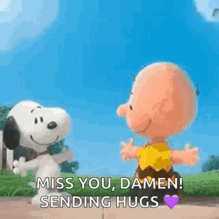 snoopy and charlie brown are hugging each other on a sidewalk .