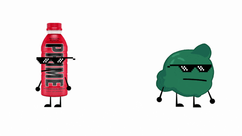 three cartoon characters wearing sunglasses are standing next to a bottle of prime