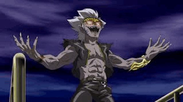 a cartoon character is standing next to a railing with his arms outstretched and laughing .