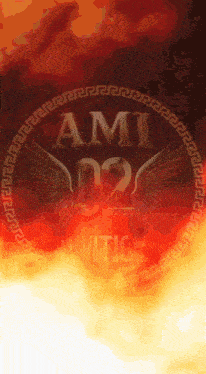 a logo for ami 02 with wings and a greek key border