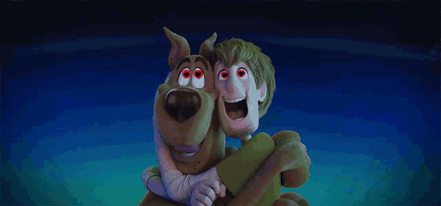 scooby doo and shaggy are hugging each other with glowing eyes