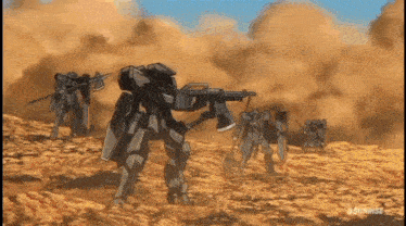 a group of robots are standing in the desert holding guns