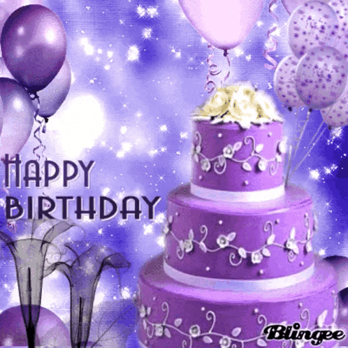 a birthday card with a purple cake and balloons
