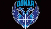 a blue and white logo for a basketball team with two eagles and a basketball on a black background .