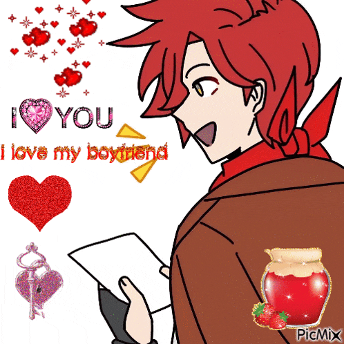 a man with red hair is holding a piece of paper that says i love my boyfriend on it