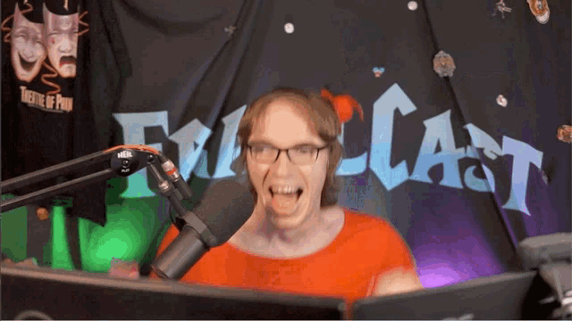 a woman screams into a microphone in front of a sign that says evilcast