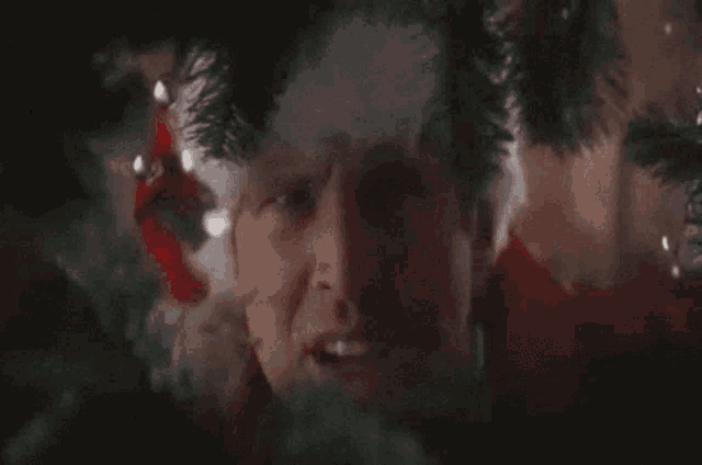 a man is peeking out from behind a christmas tree .