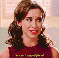 a woman says i am such a good friend in a red shirt