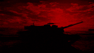 a silhouette of a tank with a red sky behind it