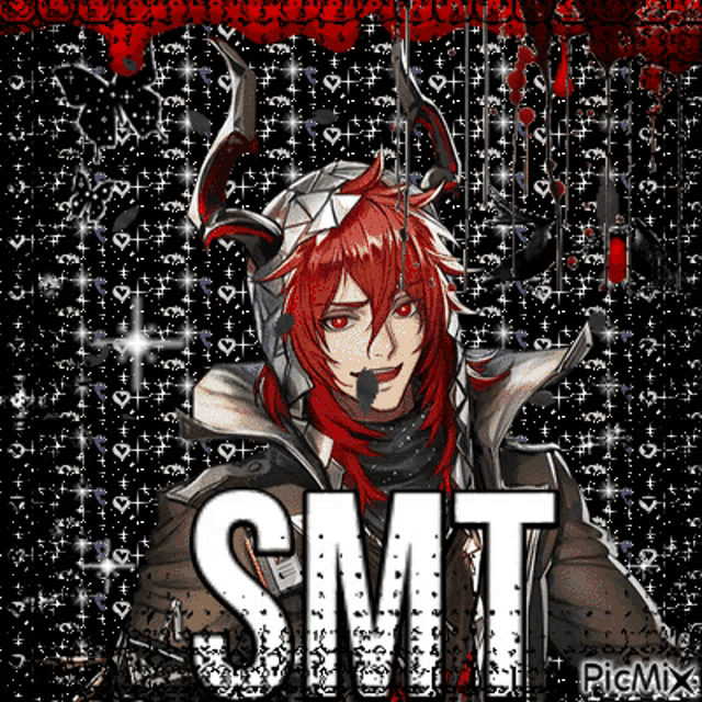 a picture of a man with red hair and horns with the word smt below him