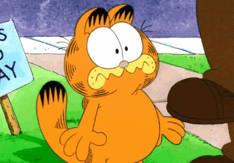 a cartoon of garfield standing next to a sign that says sunday day