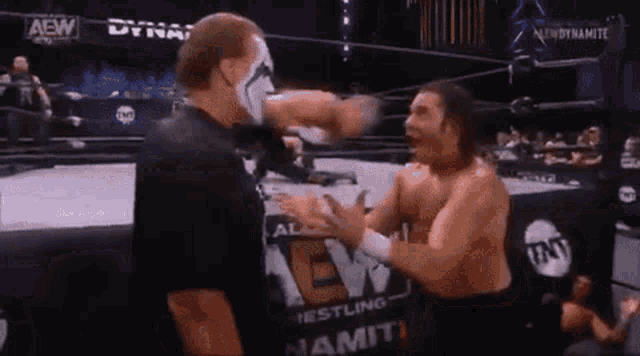 two men are wrestling in a ring with a sign that says aew