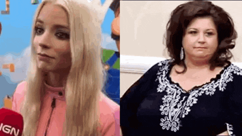 two women are standing next to each other and one of them is wearing a pink shirt .