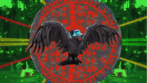 a black bird is flying in front of a circle with runes and letters