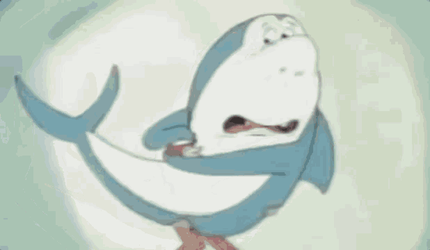 a cartoon shark is holding a can of soda in its mouth and eating it .