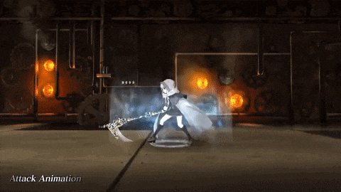 a video game character is attacking another character with a spear