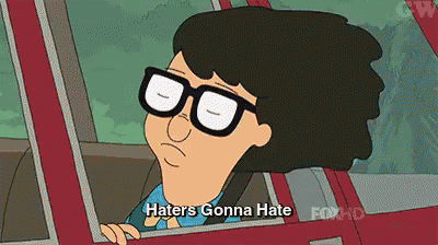 a cartoon character says haters gonna hate while sitting in a car