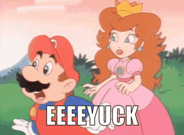 a cartoon of mario and princess peach with the words eeeeyuck below them