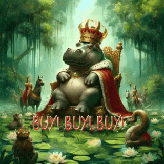 a hippopotamus wearing a crown sits on a throne with the words buy buy buy written below it