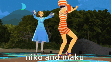 a video game shows two girls dancing and the words niko and maku