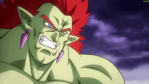 a cartoon character with a purple earring and a green body