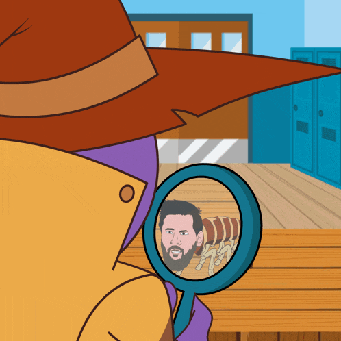 a cartoon character is looking through a magnifying glass at a bearded man