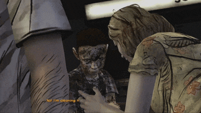 a video game screen shows a woman talking to a boy who says no i 'm cleaning it