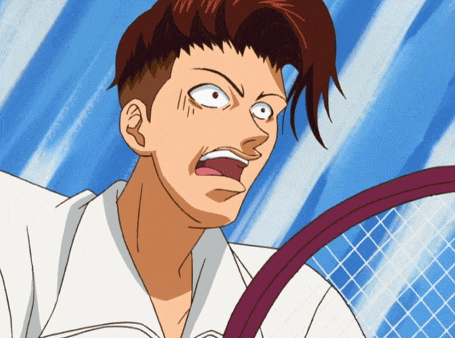 a man in a white shirt is holding a tennis racquet and making a funny face
