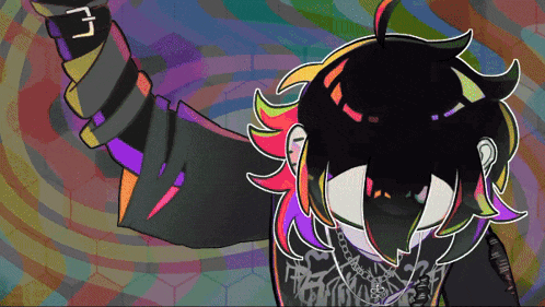 a drawing of a person with rainbow hair and a necklace that says ' i ' on it
