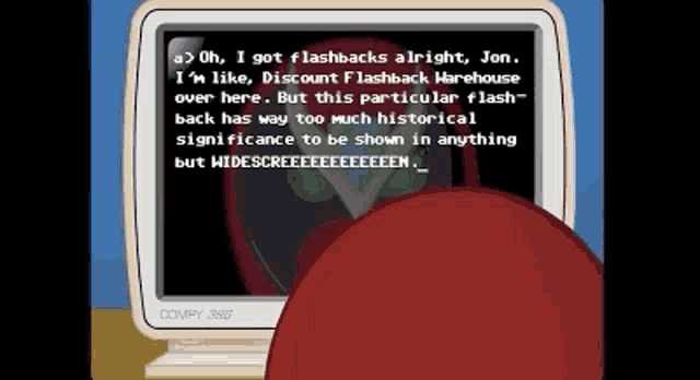 a cartoon character is looking at a computer monitor with a message on it