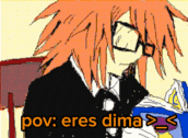 a cartoon of a man with glasses reading a book with the caption pov eres dima