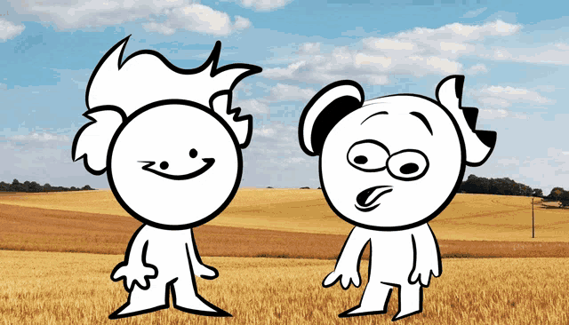 two cartoon characters are standing next to each other in a field of wheat