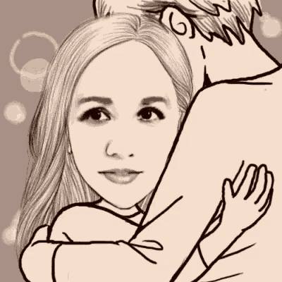 a black and white drawing of a man and woman hugging with the man 's hand on the woman 's shoulder
