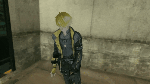 a man with yellow hair is wearing a jacket with vw on it