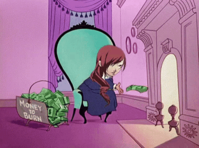 a cartoon of a woman sitting in front of a fireplace with a basket full of money that says " money to burn "