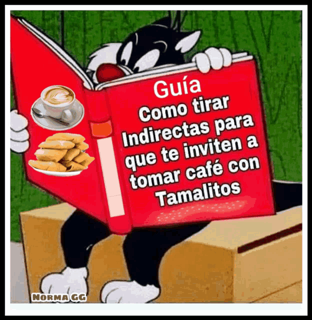 a cartoon of sylvester reading a book about tamalitos