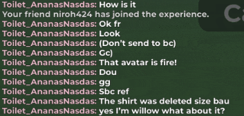 a screenshot of a conversation between toilet ananasnasdas and a friend niroh424