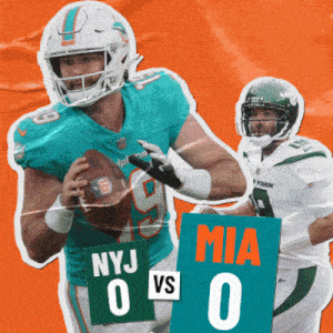 a miami dolphins player runs with the ball while a new york jets player looks on