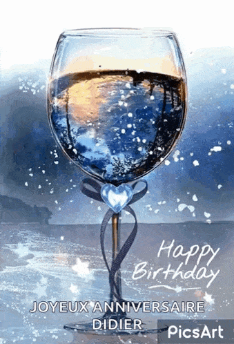 a happy birthday greeting card with a glass of wine and a heart .