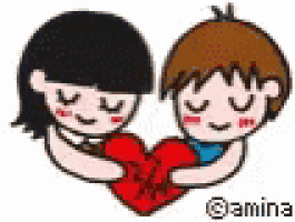 a boy and a girl are hugging each other and holding a heart in their hands .