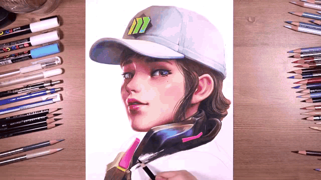 a drawing of a girl wearing a hat with the letter m on the front