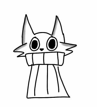 a black and white drawing of a cat with big teeth and a big smile .
