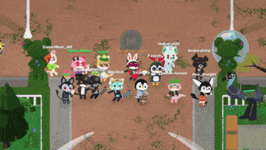 a group of cartoon animals are standing on a sidewalk and one of them has the name andrea corp on it
