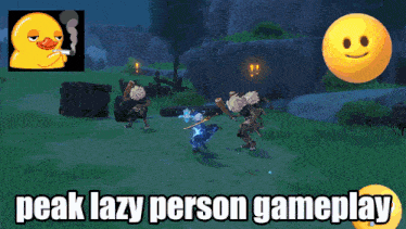 a video game with a duck smoking a cigarette and the words peak lazy person gameplay on the bottom
