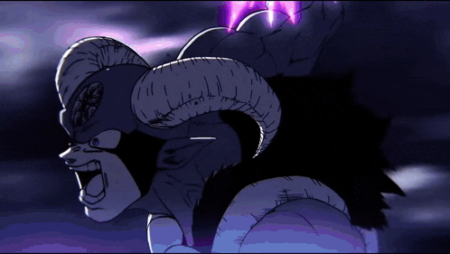 a drawing of a demon with horns and a purple background